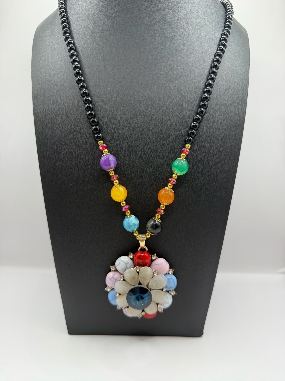 Boho Floral Medallion Necklace | Rainbow Beaded Hippie Statement Pendant - Picture 7 of 8